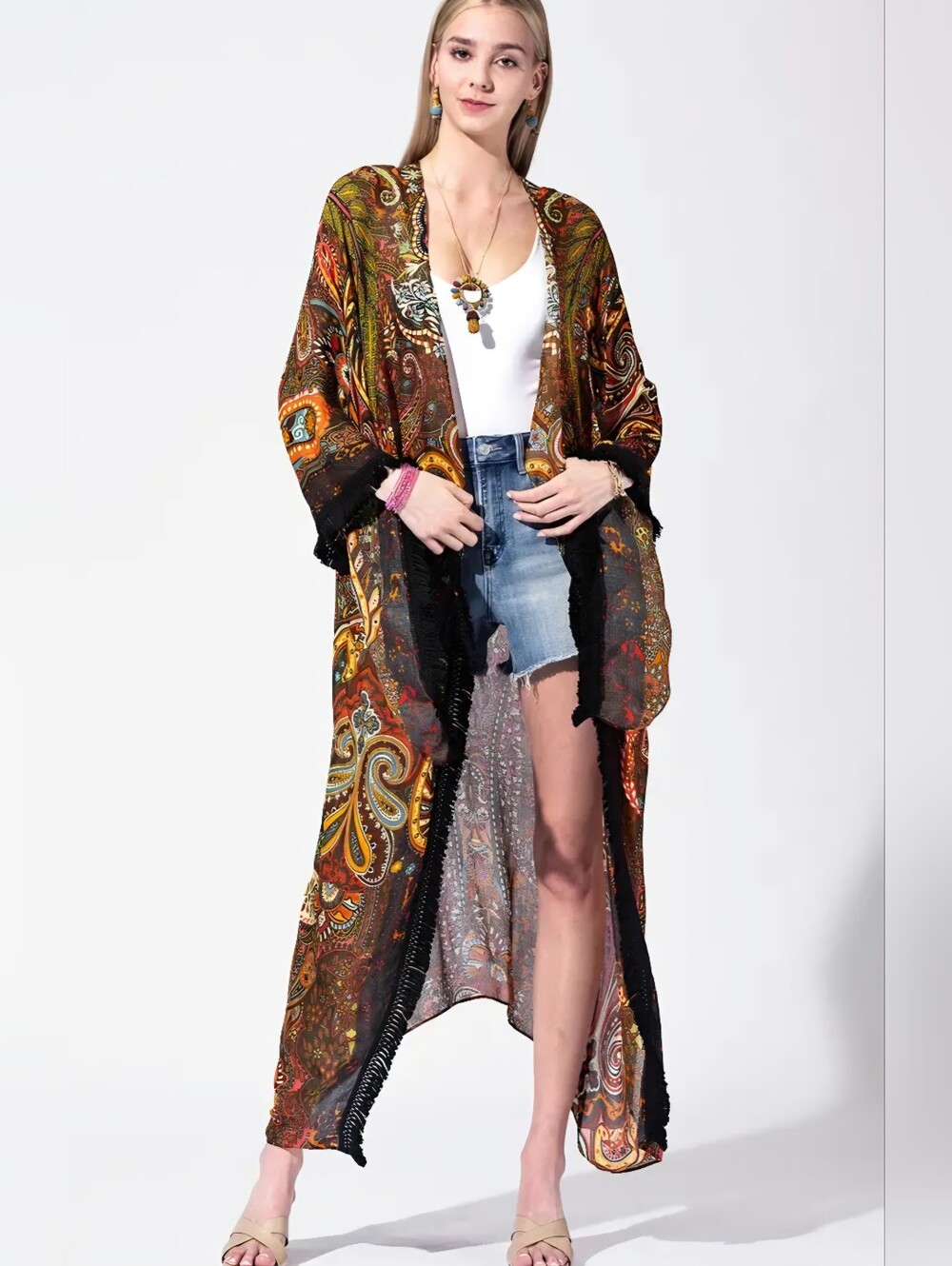 Boho Paisley Long Kimono Duster - Multi Brown & Orange